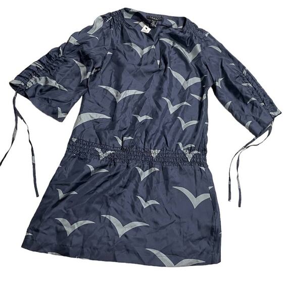 NWT Laundry by Shelli Segal Bird Dress Sz 4 Silk 3/4 Sleeve Split Neck Mini Blue - Picture 1 of 10